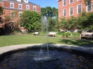 The fountain bubbles high in Sunken Garden.