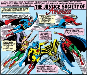 The thrilling entrance of the Justice Society of America.